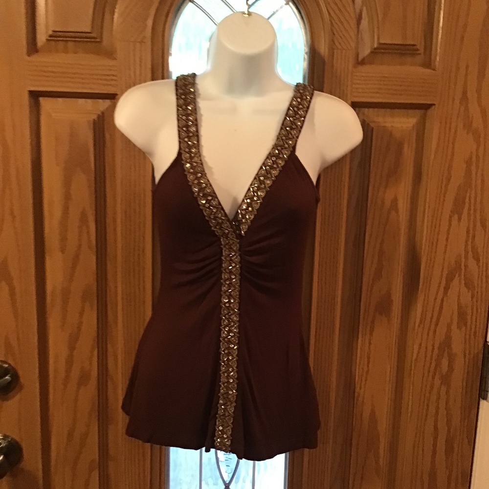 💚3/$25 Rebecca Beeson size 1 brown sleeveless blouse with gold sequined beading